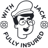 A smiling carton character, wearing glasses and a captain's hat. The words Fully Insured With Jack are in a ring around them